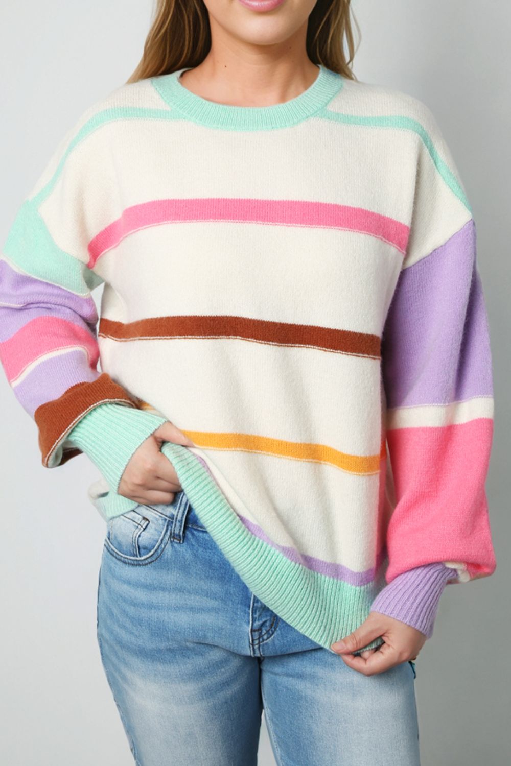 Contrast Striped Round Neck Drop Shoulder Sweater