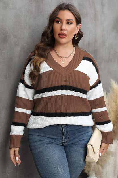 Plus Striped V-Neck Dropped Shoulder Sweater