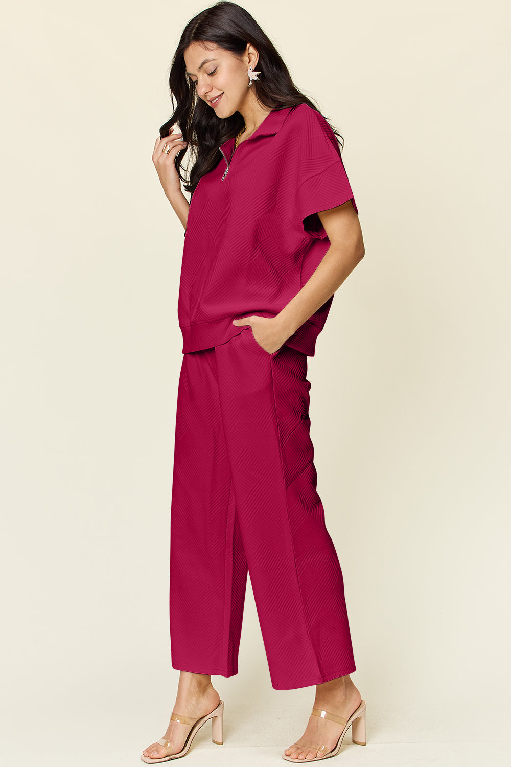 Textured Half Zip Short Sleeve Top and Pants Set
