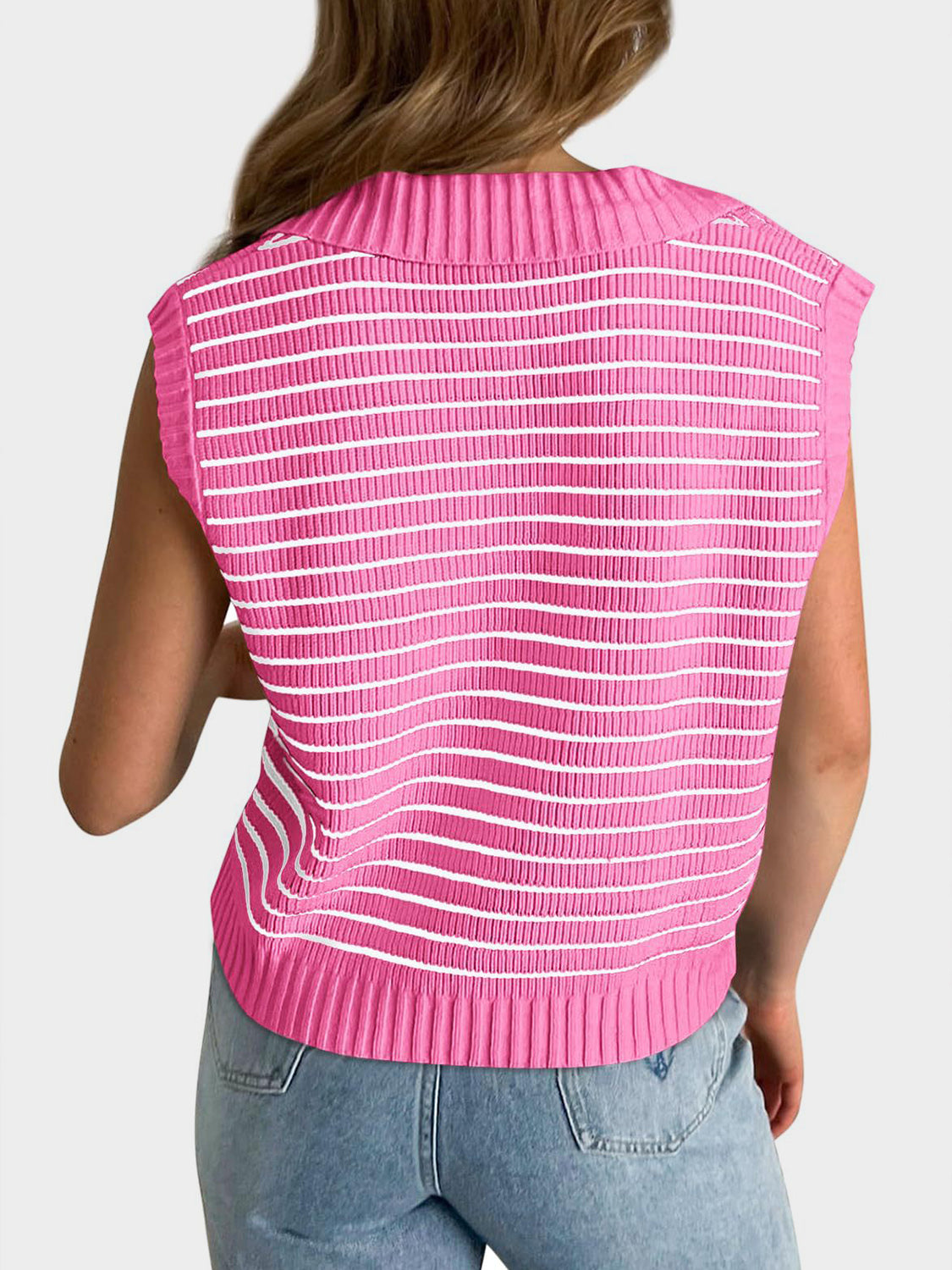 Collared Neck Striped Sweater Vest