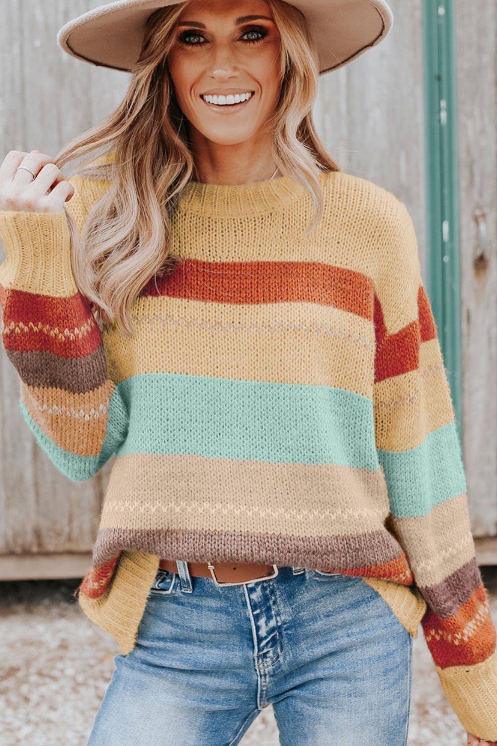 Color Block Round Neck Dropped Shoulder Sweater