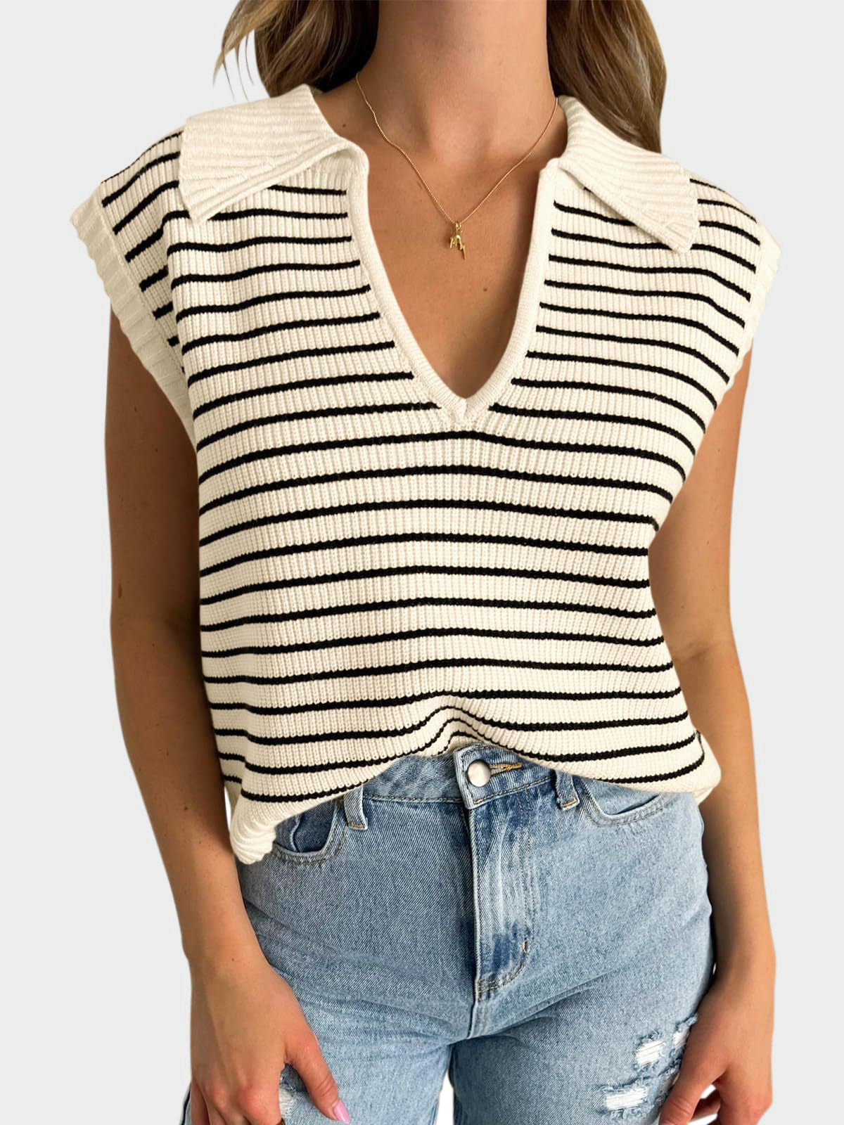 Collared Neck Striped Sweater Vest