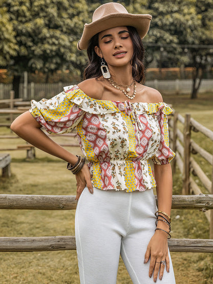 Ruffled Print Off-Shoulder Short Sleeve Blouse