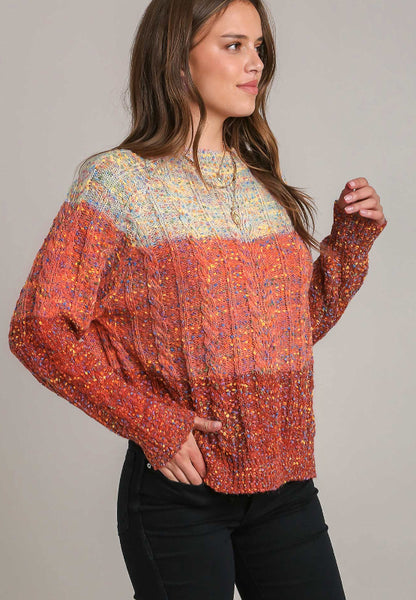 Cable-Knit Color Block Round Neck Long Sleeve Sweater