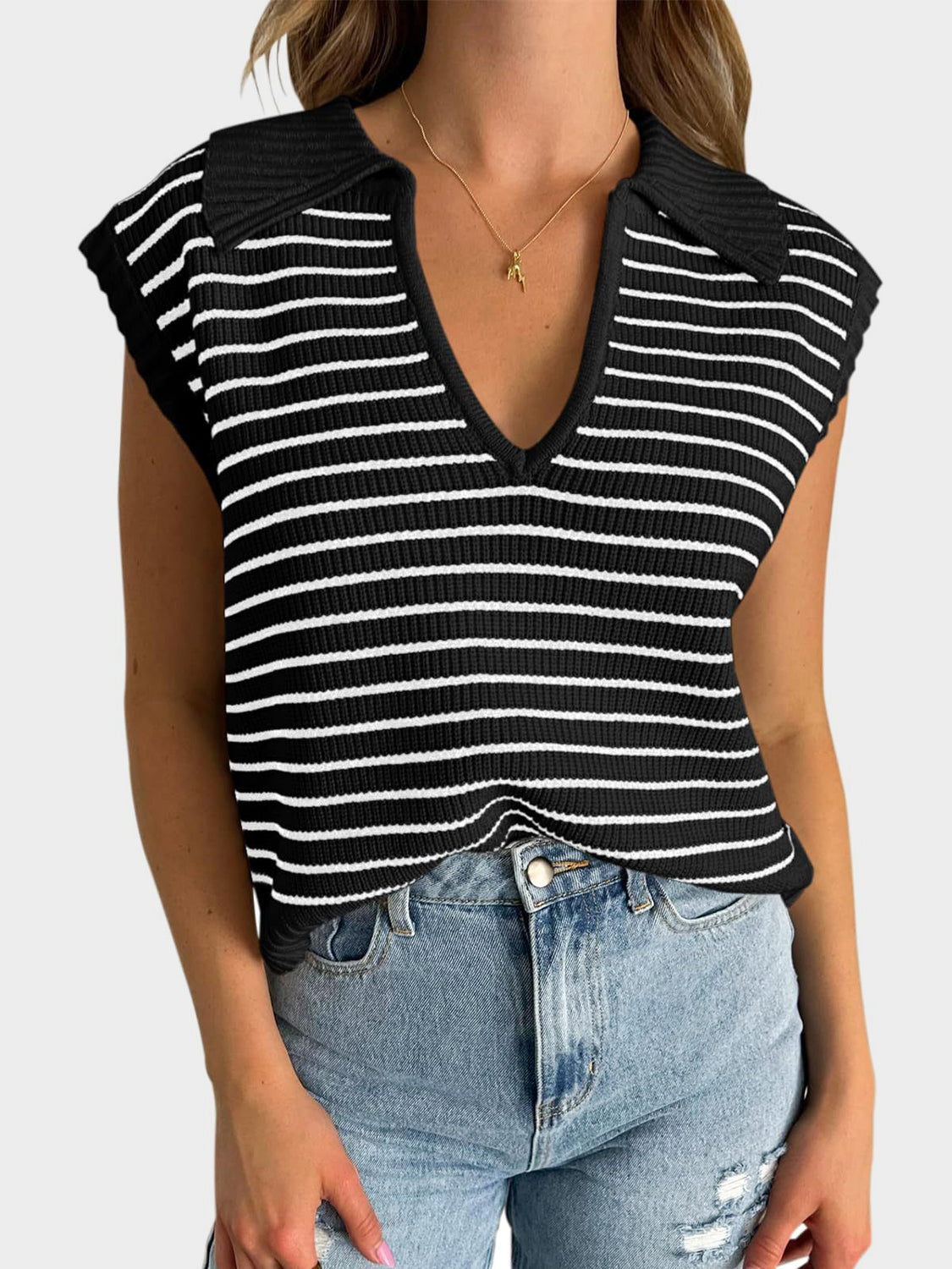 Collared Neck Striped Sweater Vest