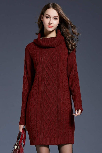 Mixed Knit Cowl Neck Dropped Shoulder Sweater Dress