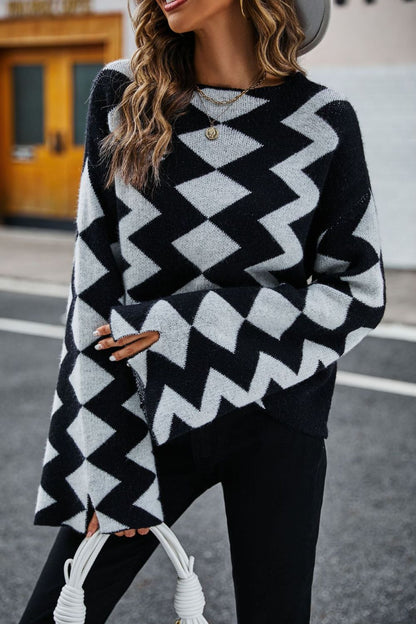 Geometric Slit Flare Sleeve Round Neck Sweater