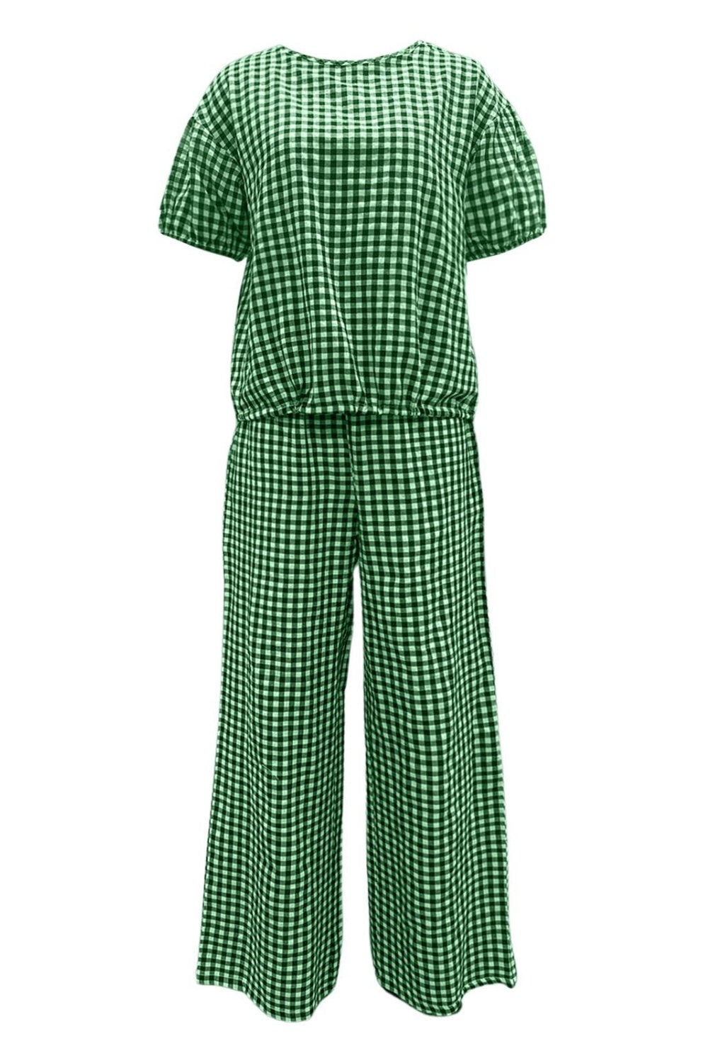 Plaid Round Neck Half Sleeve Top and Pants Set