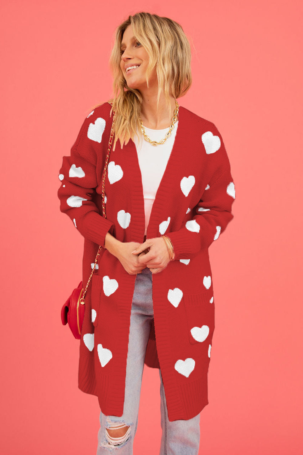 Heart Graphic Open Front Cardigan with Pockets