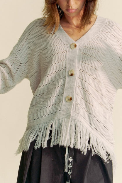 Fringe V-Neck Button Up Long Sleeve Cardigan