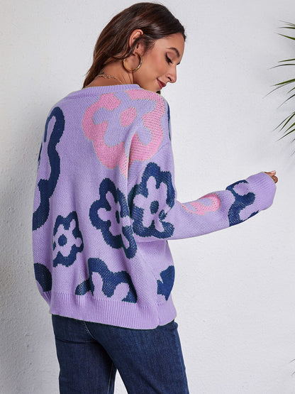 Flower  Round Neck Long Sleeve Sweater