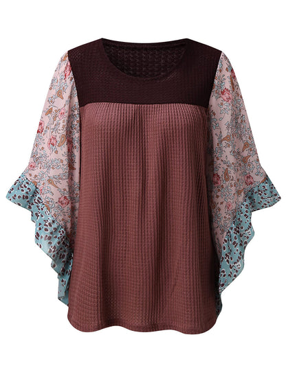 Print Round Neck Three-Quarter Sleeve Blouse