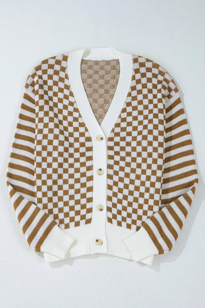 Checkered V-Neck Long Sleeve Cardigan