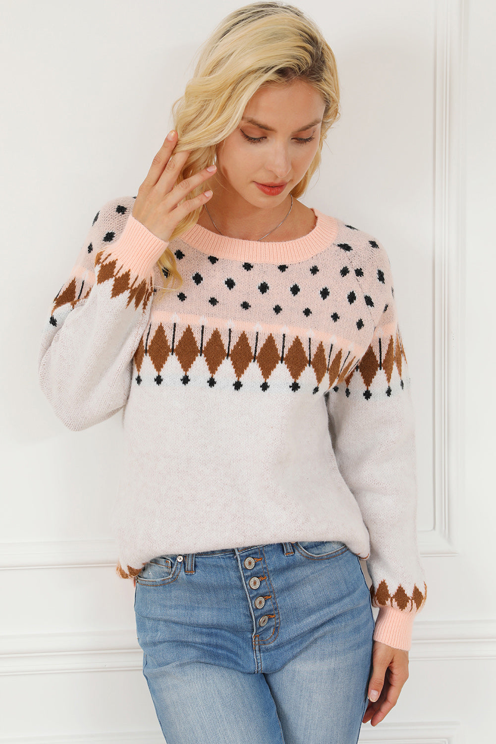 Geometric Round Neck Long Sleeve Sweater