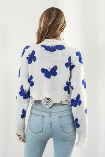 Printed Round Neck Ribbed Long Sleeve Sweater