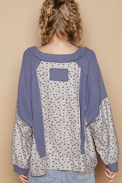 Waffle Knit Floral Notched Long Sleeve Top