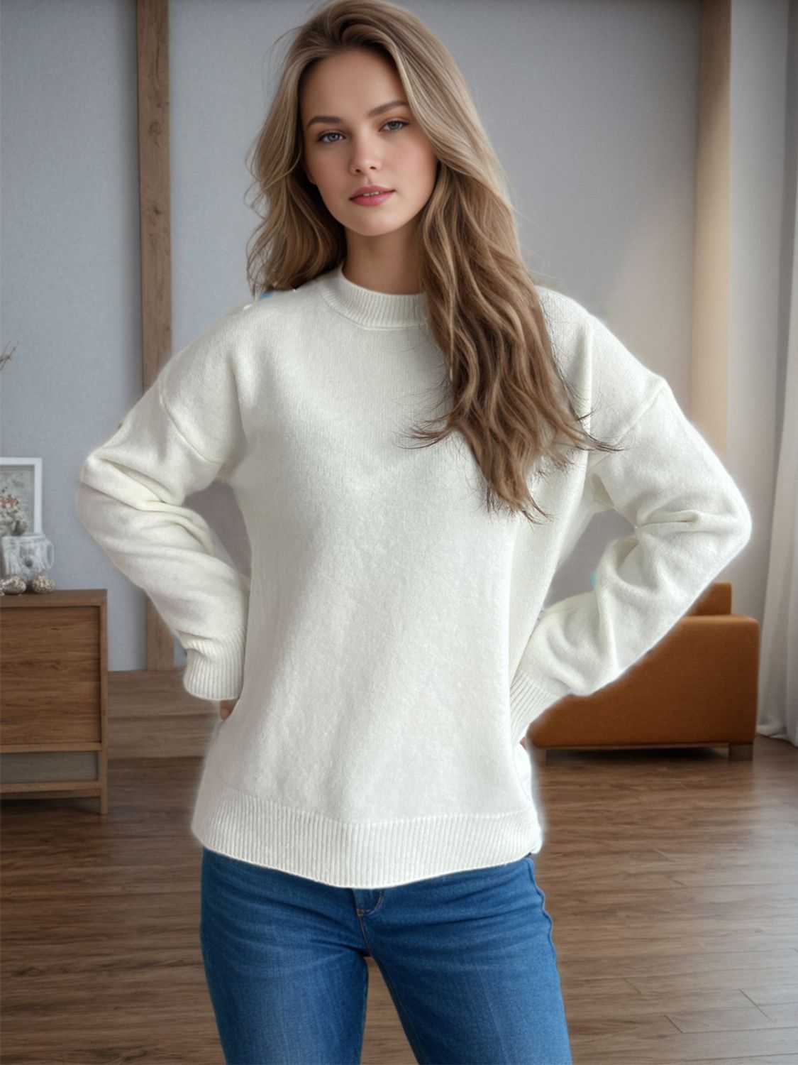 Round Neck Drop Shoulder Long Sleeve Sweater