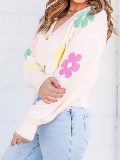 Plus Flower Button Up Long Sleeve Cardigan