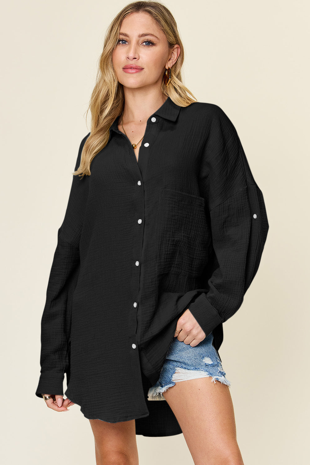 Pocketed Textured Button Up Shirt