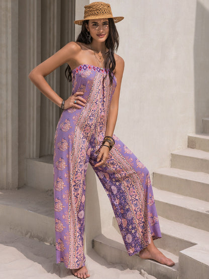 Tied Print Tube Wide Leg Jumpsuit