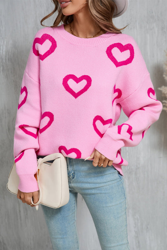 Heart Round Neck Dropped Shoulder Long Sleeve Sweater