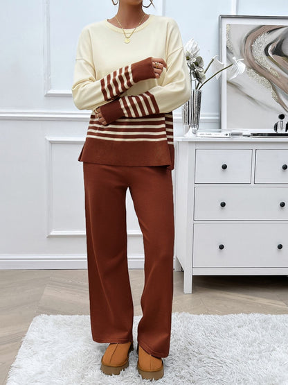 Slit Striped Round Neck Top and Pants Sweater Set