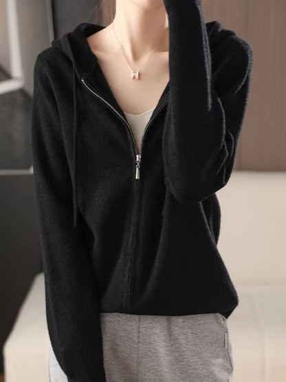 Drawstring Zip Up Long Sleeve Hooded Sweater