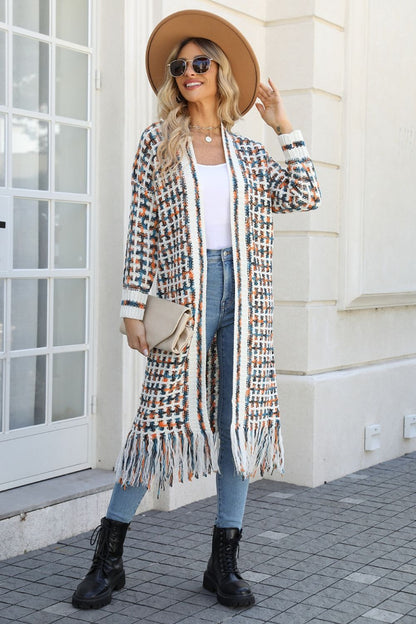 Multicolor Open Front Fringe Hem Cardigan