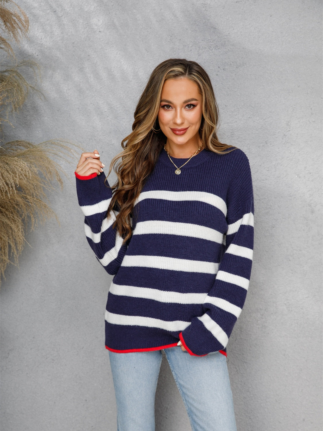 Striped Round Neck Dropped Shoulder Sweater