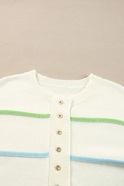 Contrast Striped Half Button Round Neck Sweater