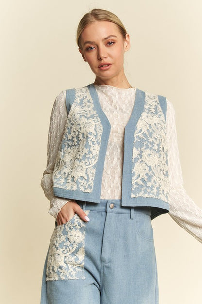 Lace Patch Open Front Denim Vest