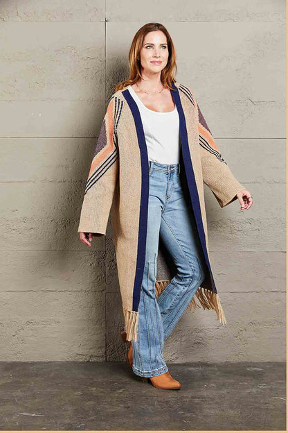 Geometric Fringe Hem Open Front Duster Cardigan