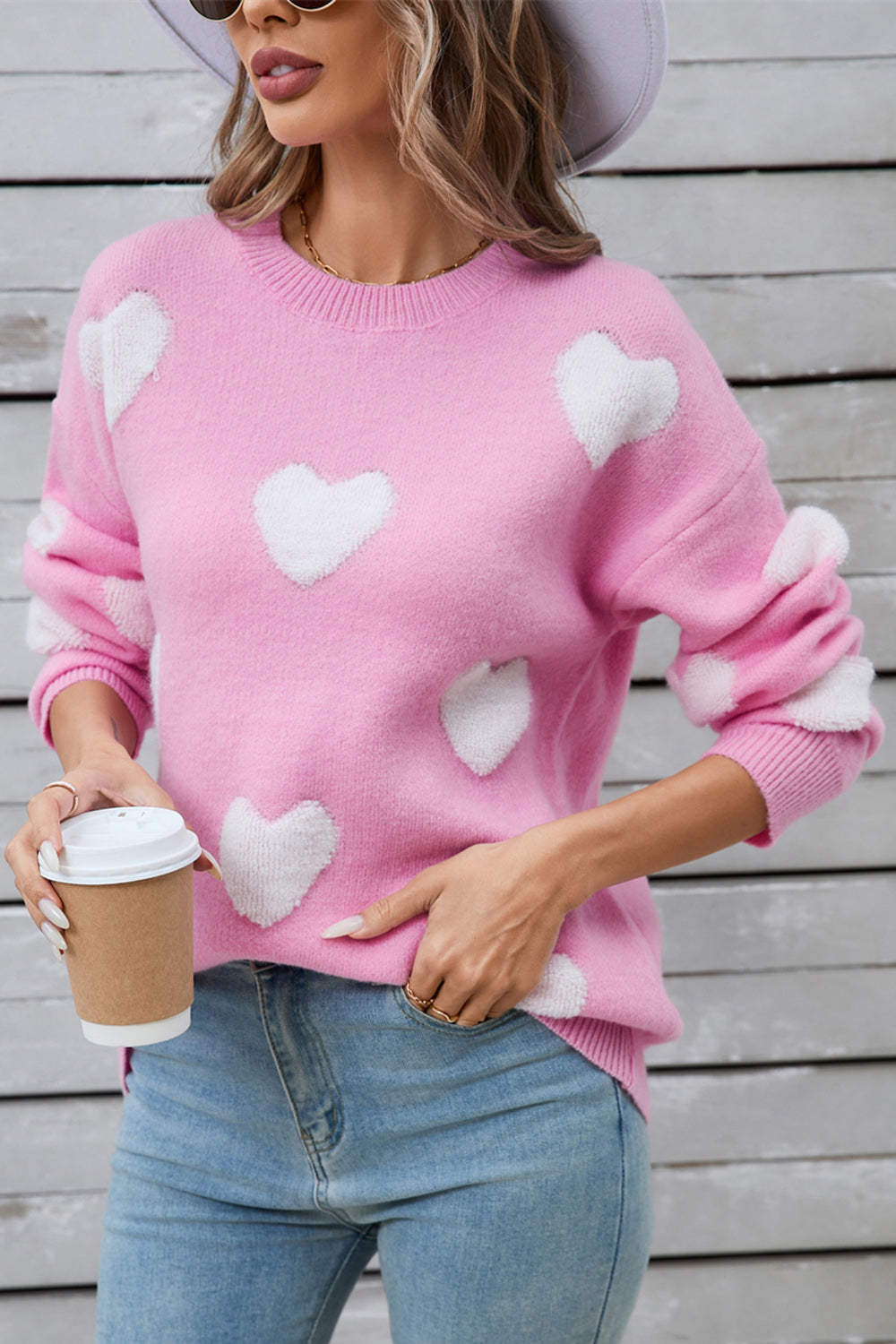 Heart Round Neck Long Sleeve Sweater