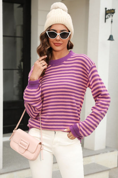 Striped Round Neck Dropped Shoulder Sweater