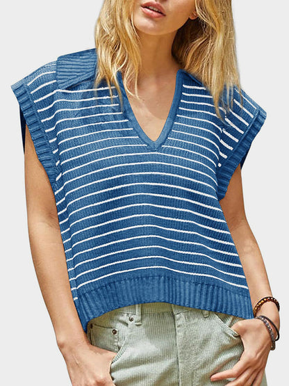 Collared Neck Striped Sweater Vest