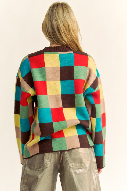 Color Block Checkered Dropped Shoulder Sweater