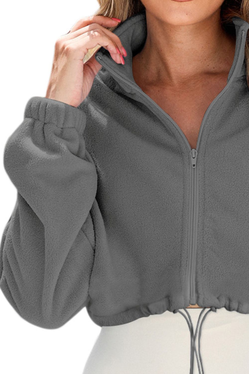 Drawstring Zip Up Dropped Shoulder Sweater