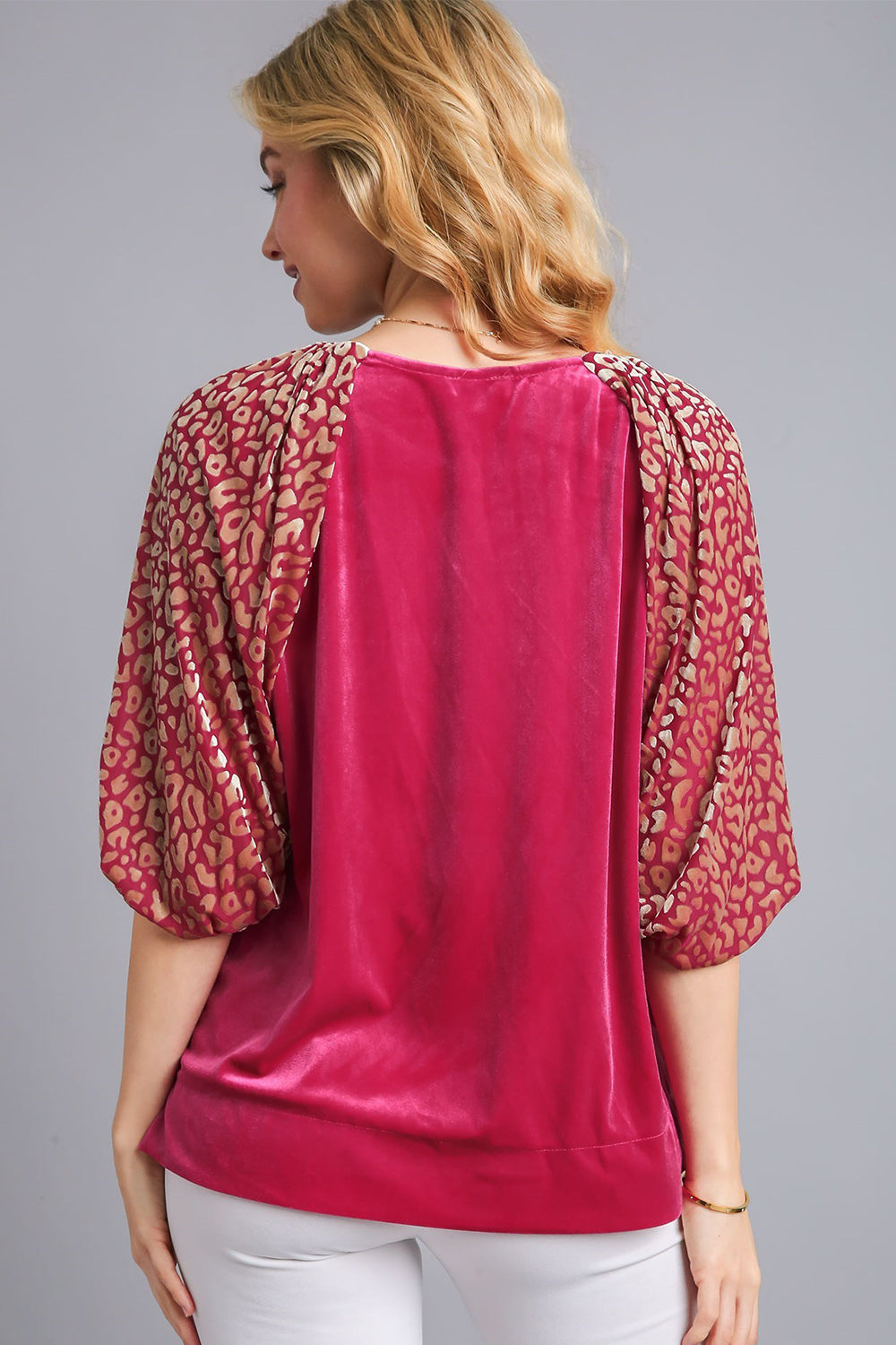 Round Neck Leopard Balloon Sleeve Velvet Top