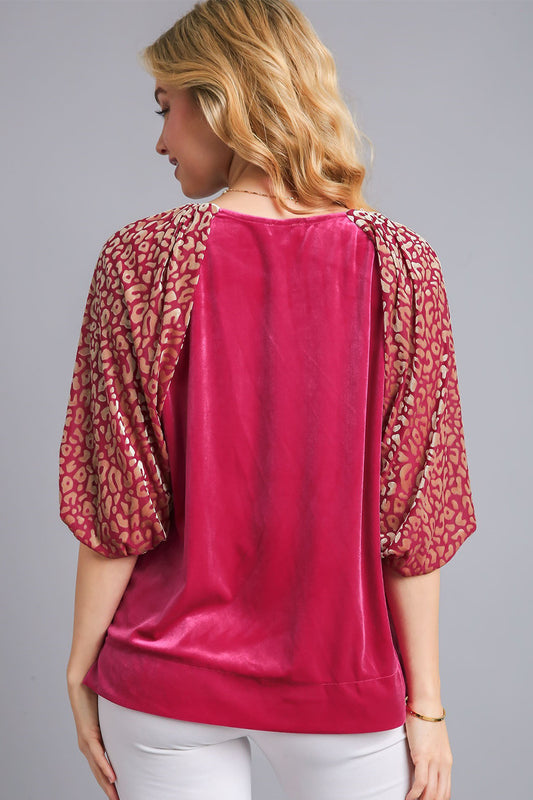 Round Neck Leopard Balloon Sleeve Velvet Top