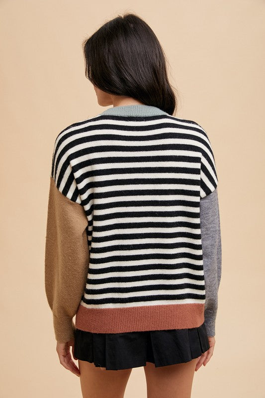 Striped Color Block Round Neck Sweater