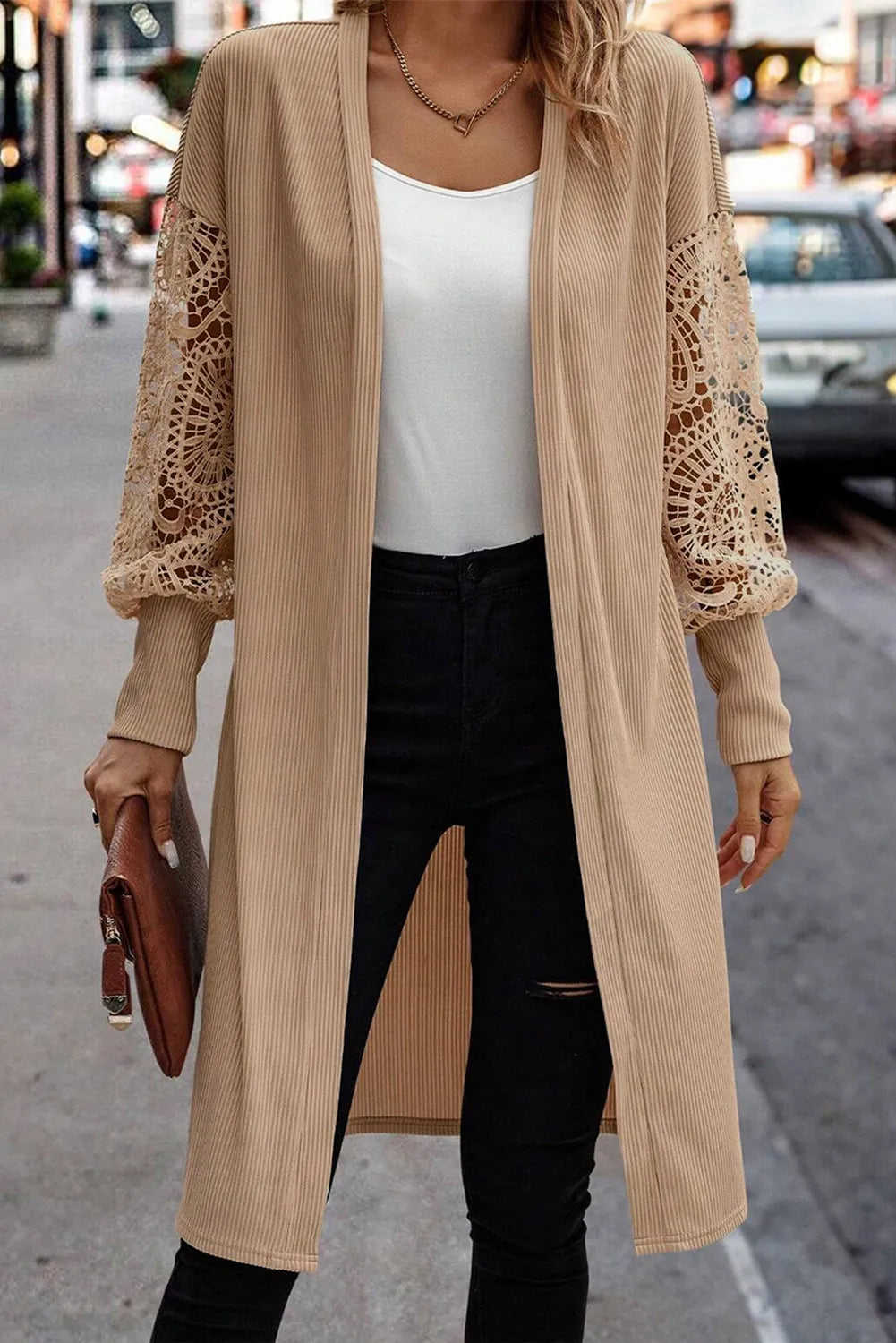 Open Front Lace Lantern Sleeve Cardigan