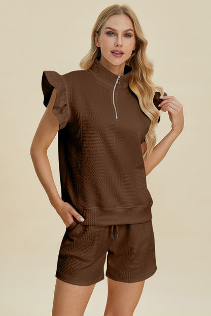 Textured Flounce Sleeve Top and Shorts Set