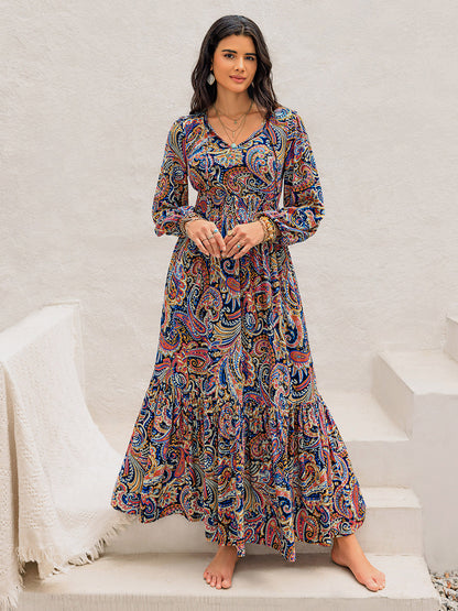 Print Tie Neck Long Sleeve Midi Dress