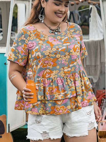 Plus Layered Print Round Neck Short Sleeve Blouse