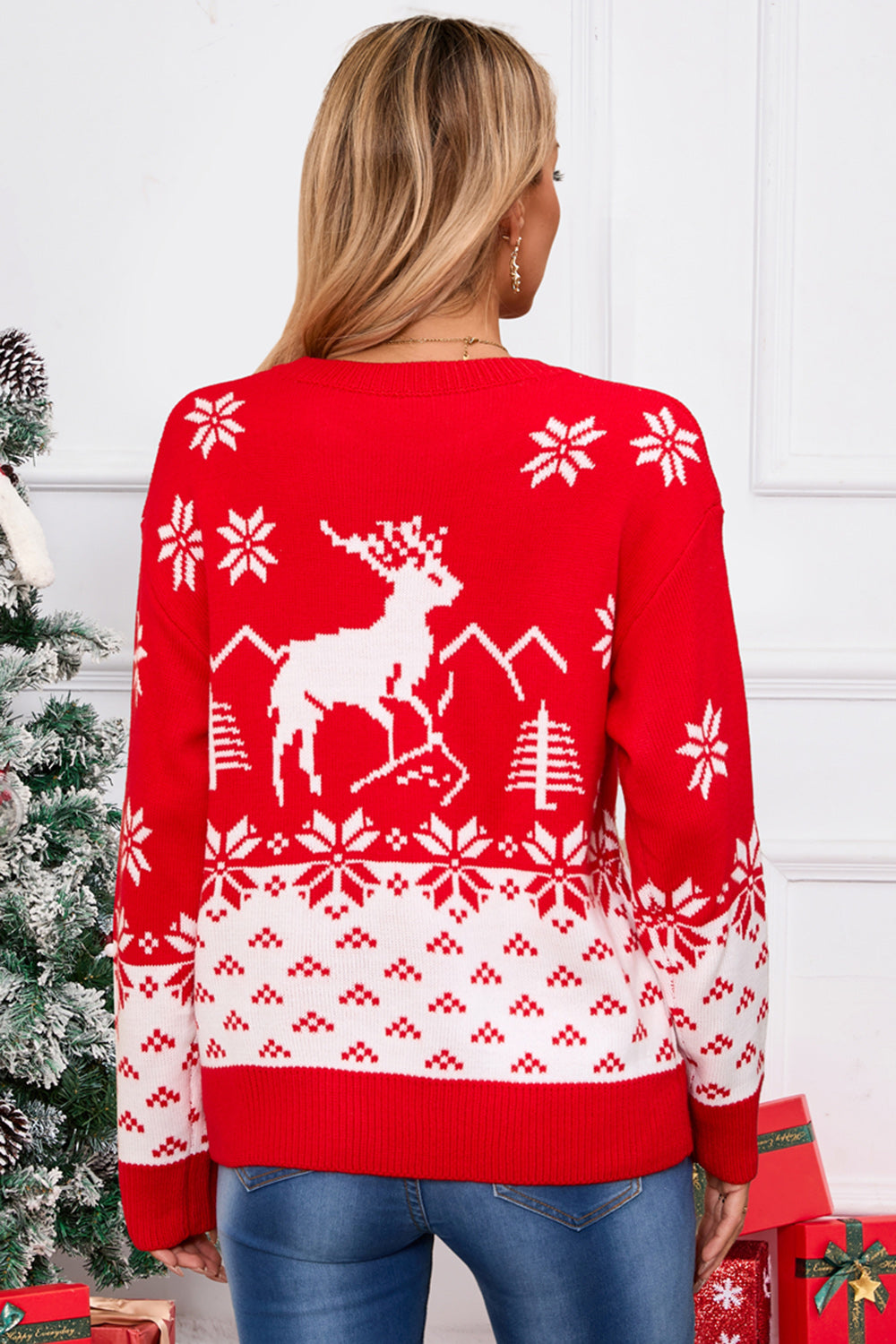 Deer Pattern Round Neck Long Sleeve Sweater