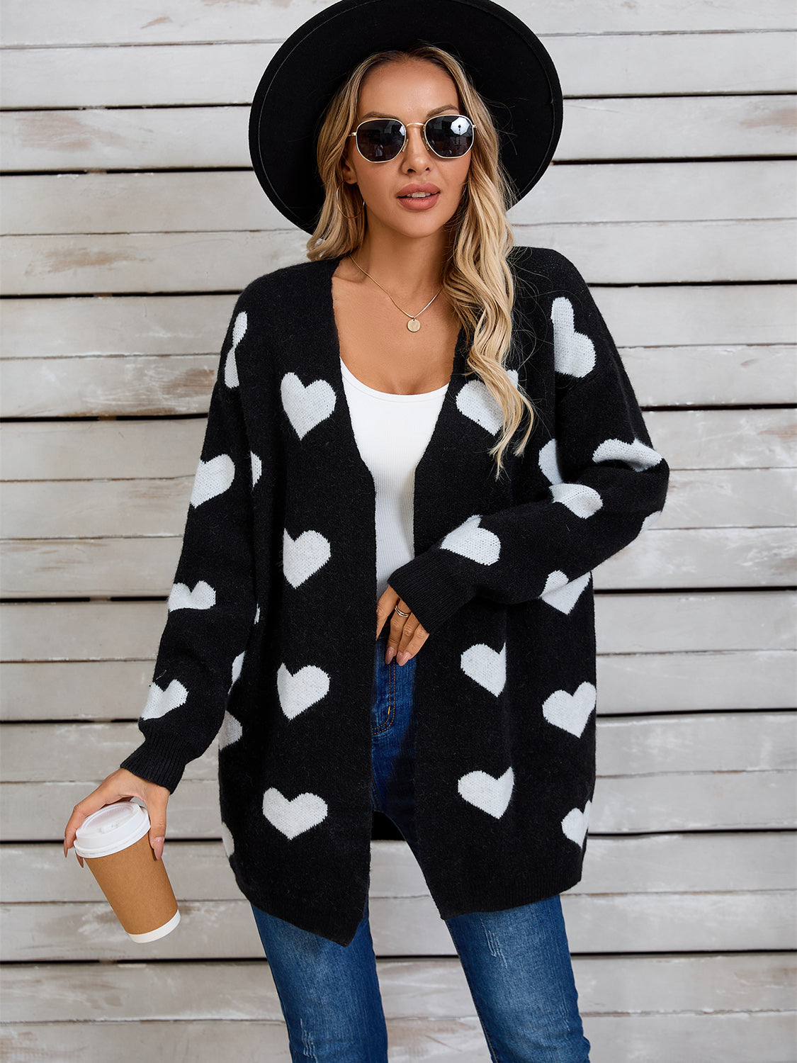 Heart Open Front Long Sleeve Cardigan