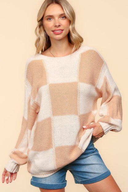 Checkered Round Neck Drop Shoulder Sweater