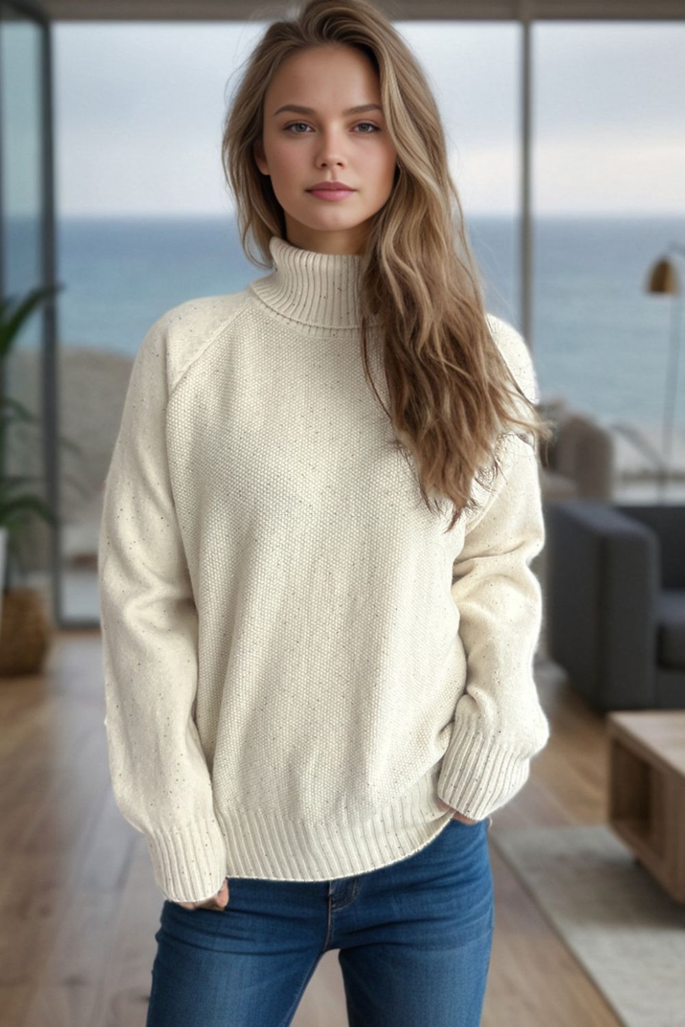 Ribbed Turtleneck Raglan Sleeve Sweater