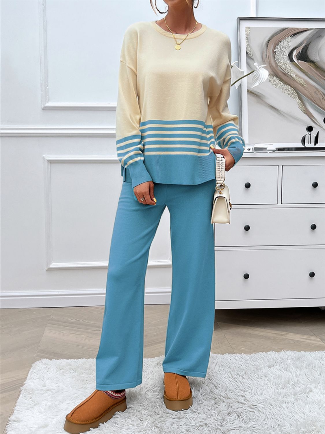 Slit Striped Round Neck Top and Pants Sweater Set