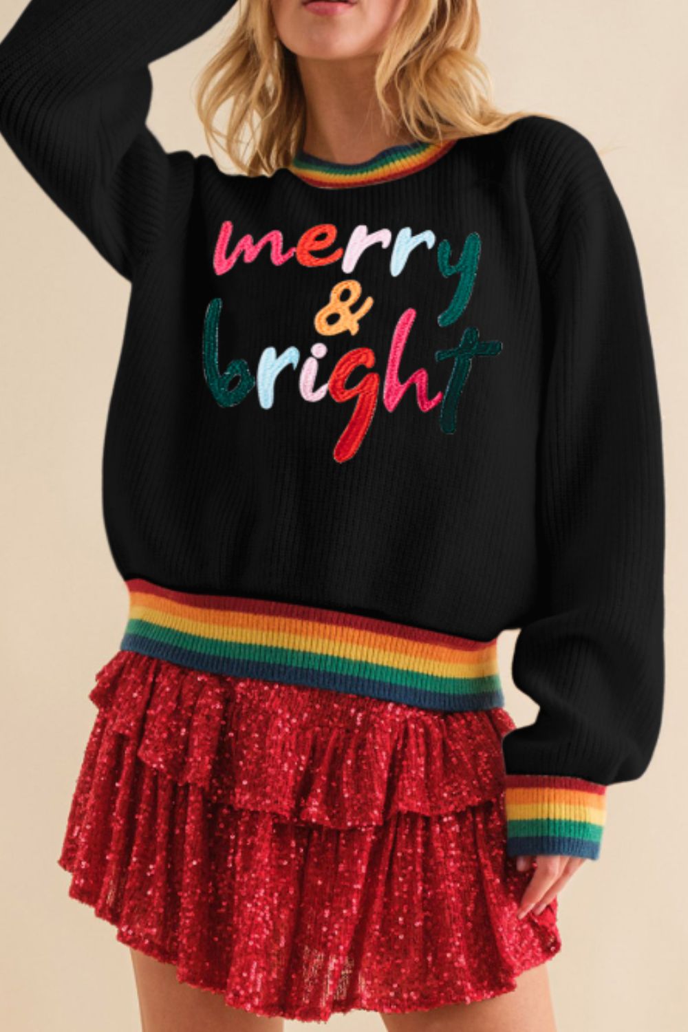 Merry & Bright Christmas Ribbed Round Neck Sweater